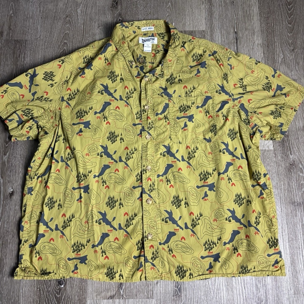 Duluth‎ Untucked SS Cotton Button Down Shirt Mens 2XL Relaxed Camp Map Print